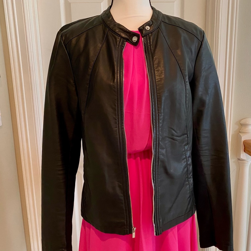 Like new EXPRESS black Moto leather jacket, size L and XL available.